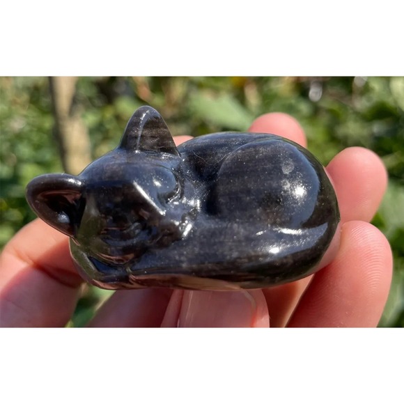 Cat Silver Obsidian Stone Cat hand carved crystal reiki Figure 5.5 cm - Picture 1 of 5